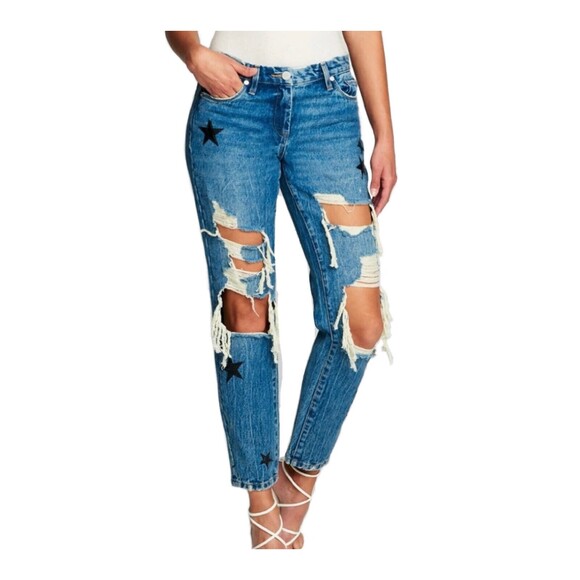 Blank NYC Jeans Size 27 Blue The Ludlow Girlfriend Distressed Crop Star Patches - Picture 1 of 12